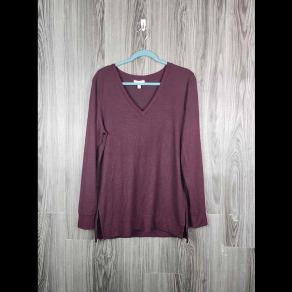 Lucky Brand Tops - Lucky Brand Womens Burgundy V-Neck Long Sleeve Knit Top Side Slits Size M